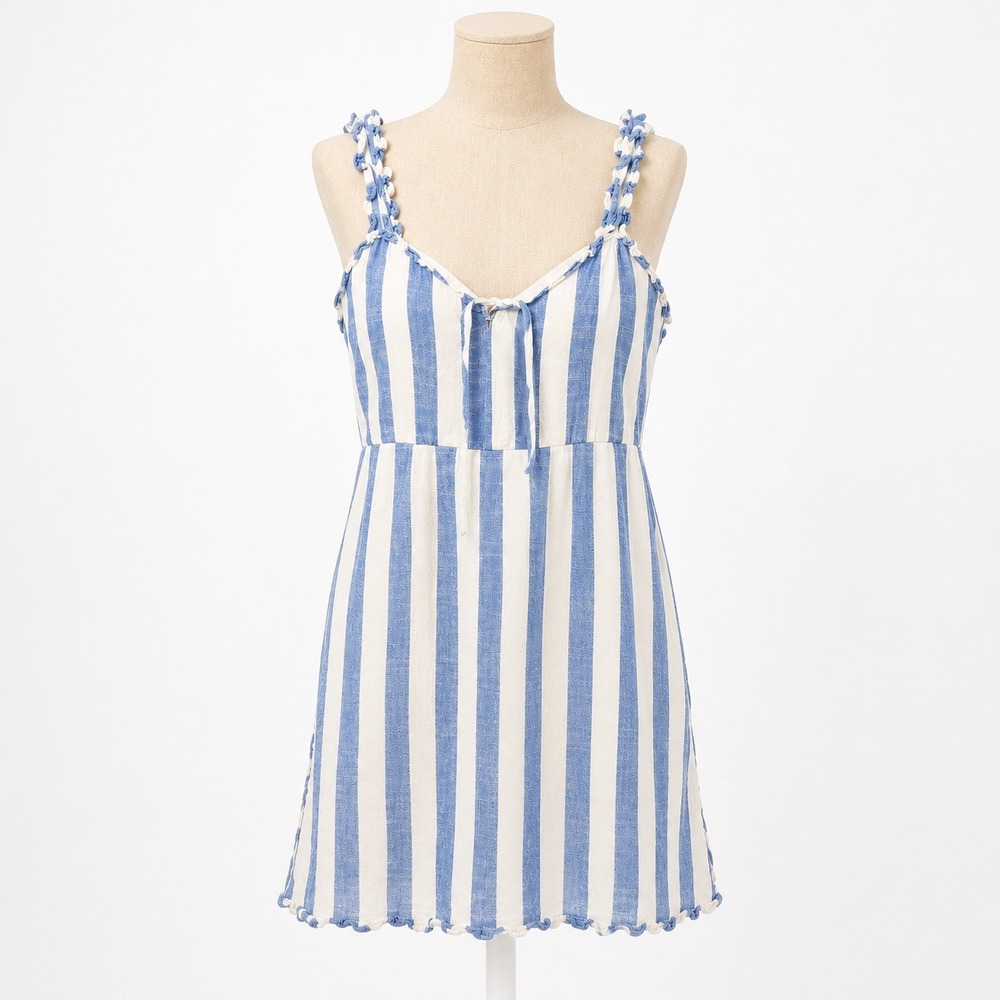 Striped Linen Ruffle‎ Mini Dress Size M Blue White Coastal Nautical Preppy Beach